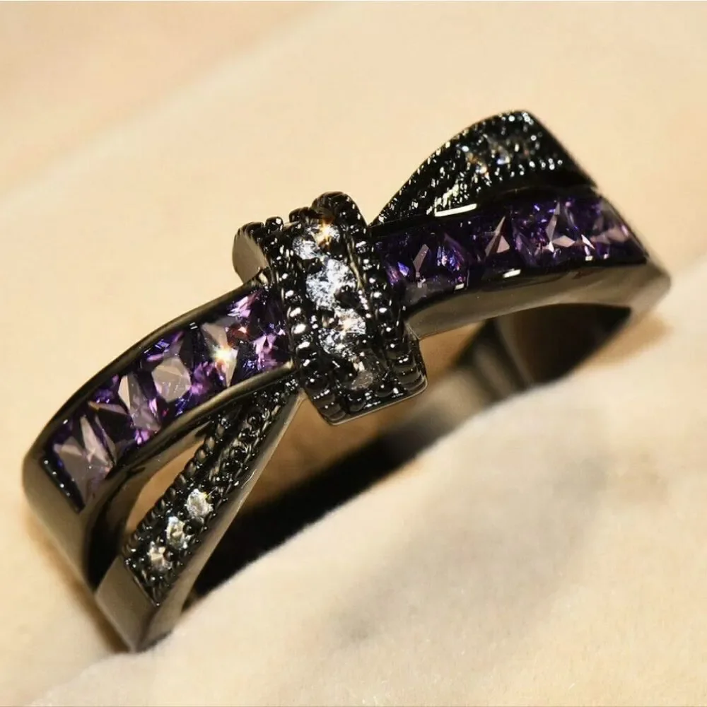 Gothic Amethyst Bowknot Ring Black Stainless Steel Rare and Unique Black Ring